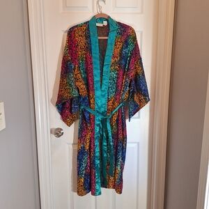 Victoria's Secret Vintage Gold Label Multicolor Kimono Robe with Teal Satin Belt
